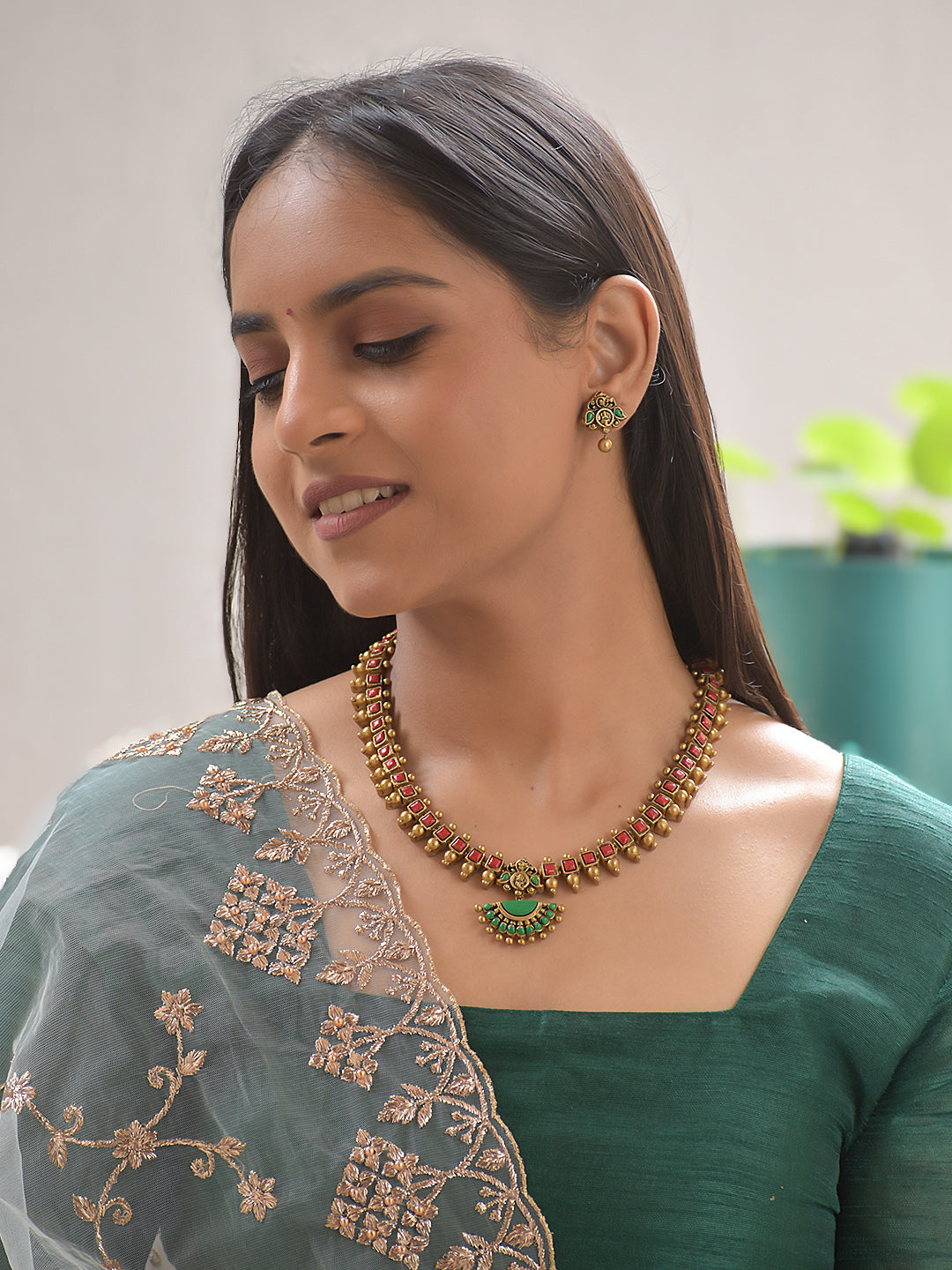 Terracotta Red Square Bead Necklace with Green Pendant