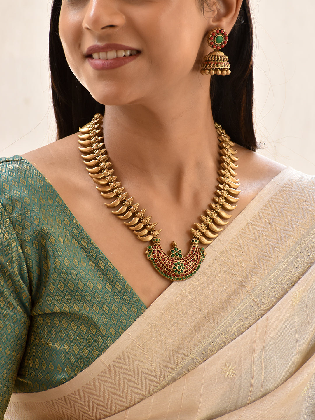 Terracotta Ruby Red & Emerald Green Crescent Necklace Set