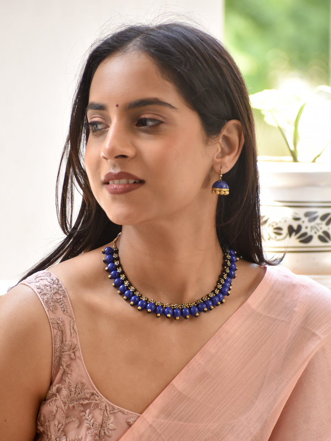 Royal Blue Handmade Terracotta Beaded Choker Necklace Set