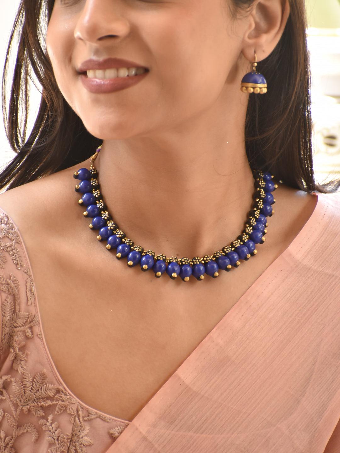 Royal Blue Handmade Terracotta Beaded Choker Necklace Set