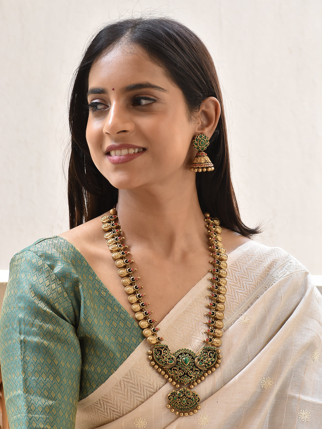 Terracotta Emerald Green Peacock Motif Long Necklace Set
