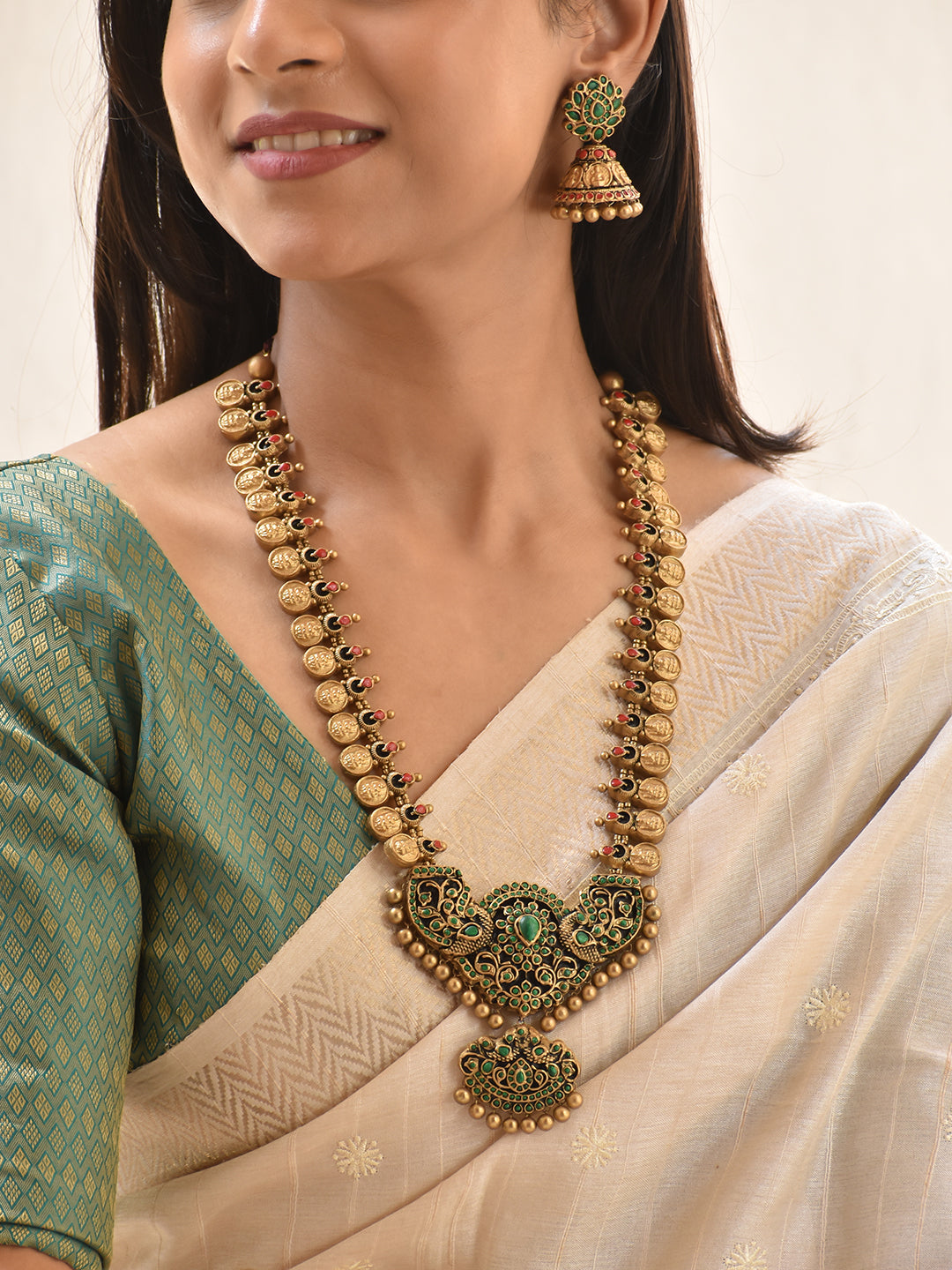 Terracotta Emerald Green Peacock Motif Long Necklace Set