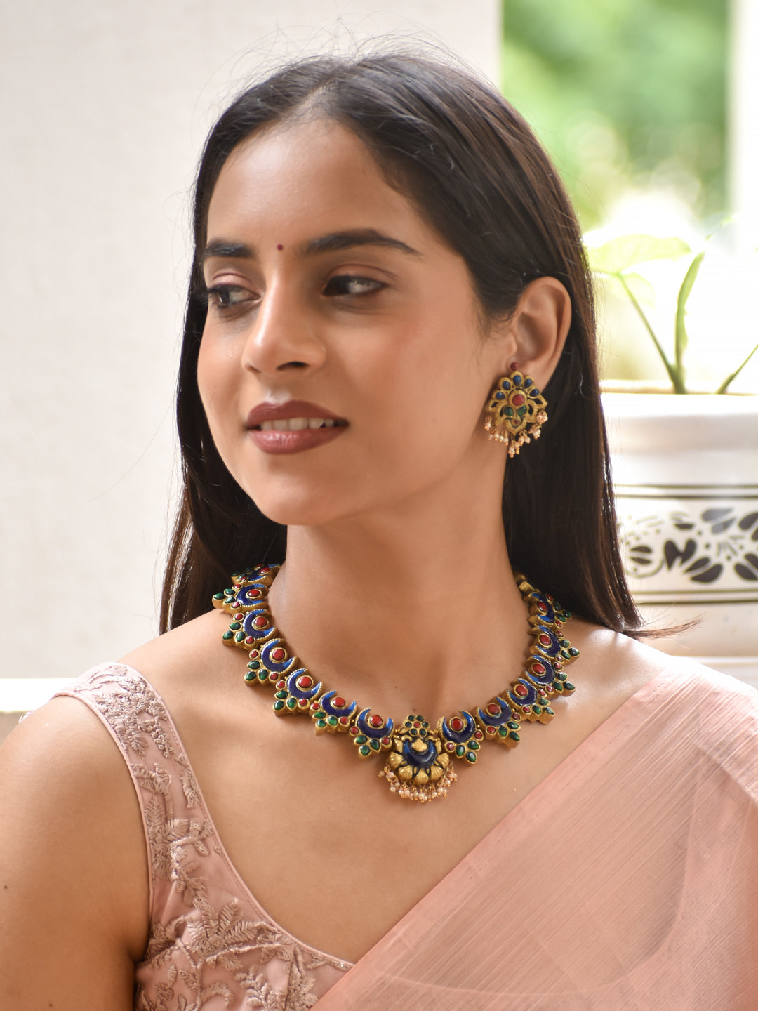 Royal Blue Peacock Handmade Terracotta Temple Choker Necklace Set