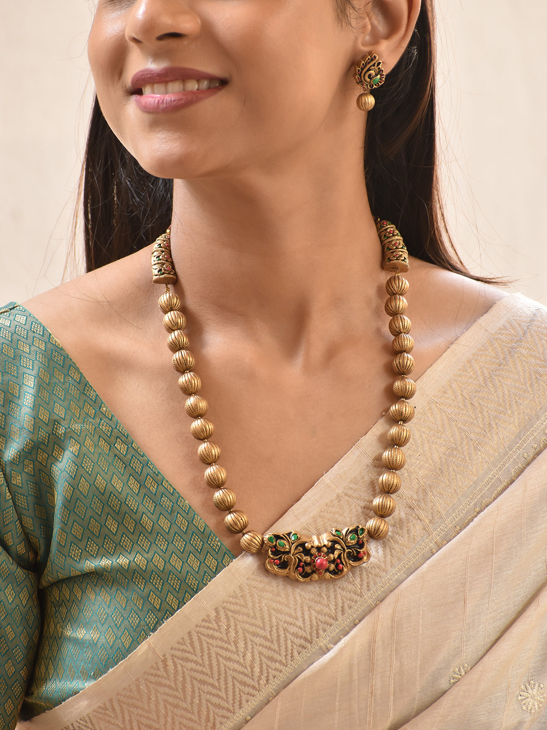 Terracotta Ruby Red & Emerald Green Beaded Necklace Set