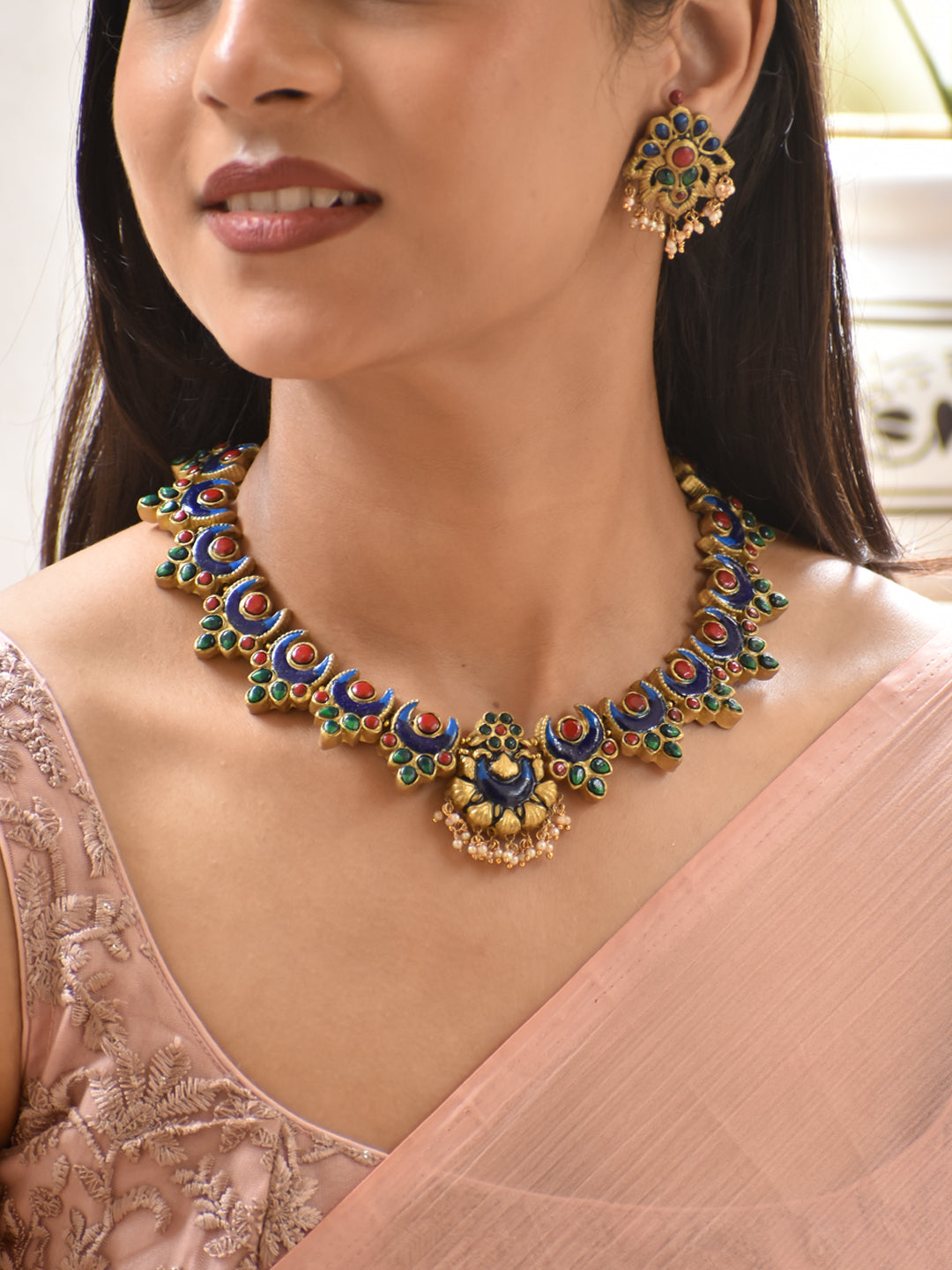 Royal Blue Peacock Handmade Terracotta Temple Choker Necklace Set