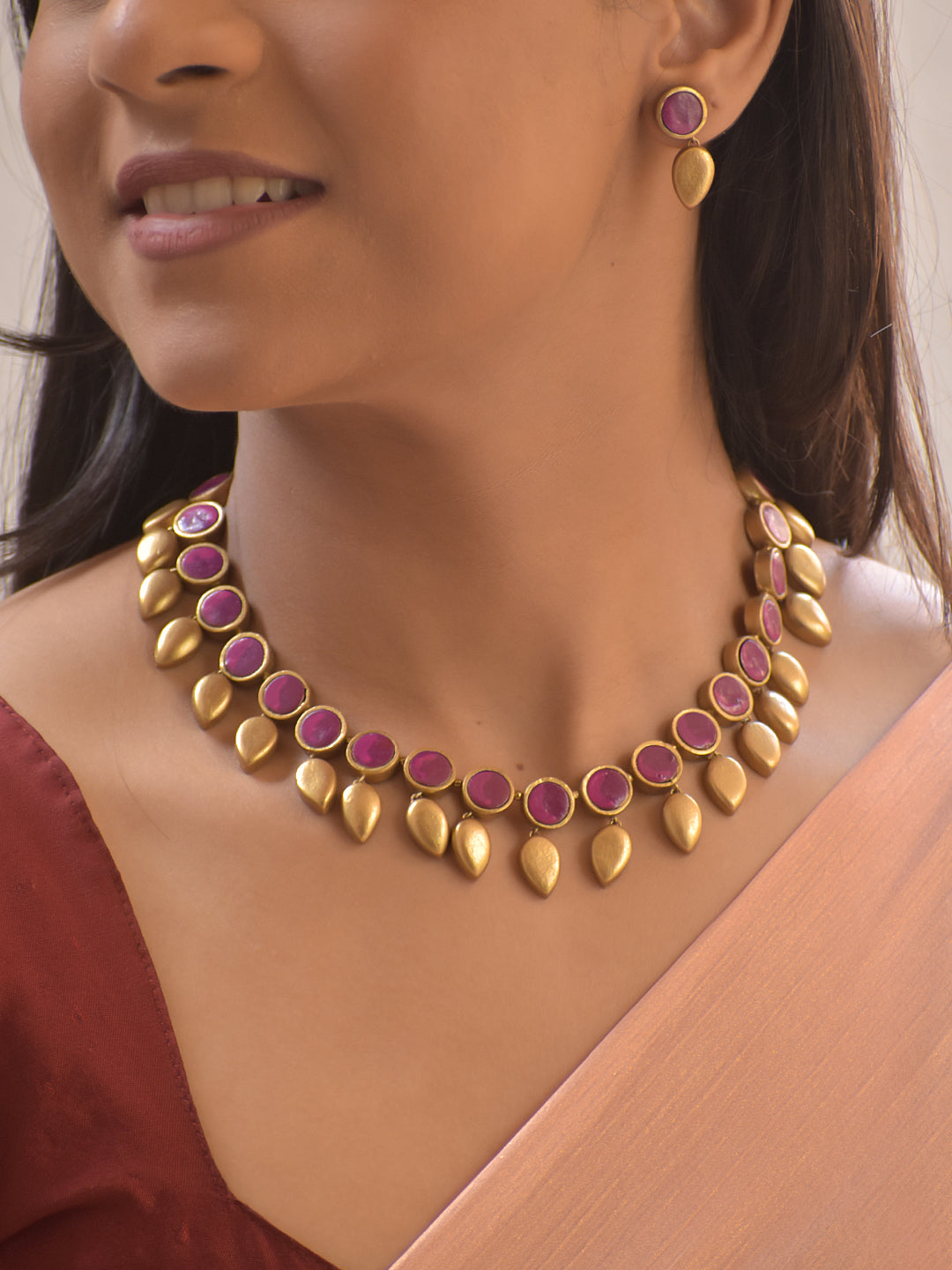 Terracotta Pink Disc & Golden Drop Beads Necklace Set