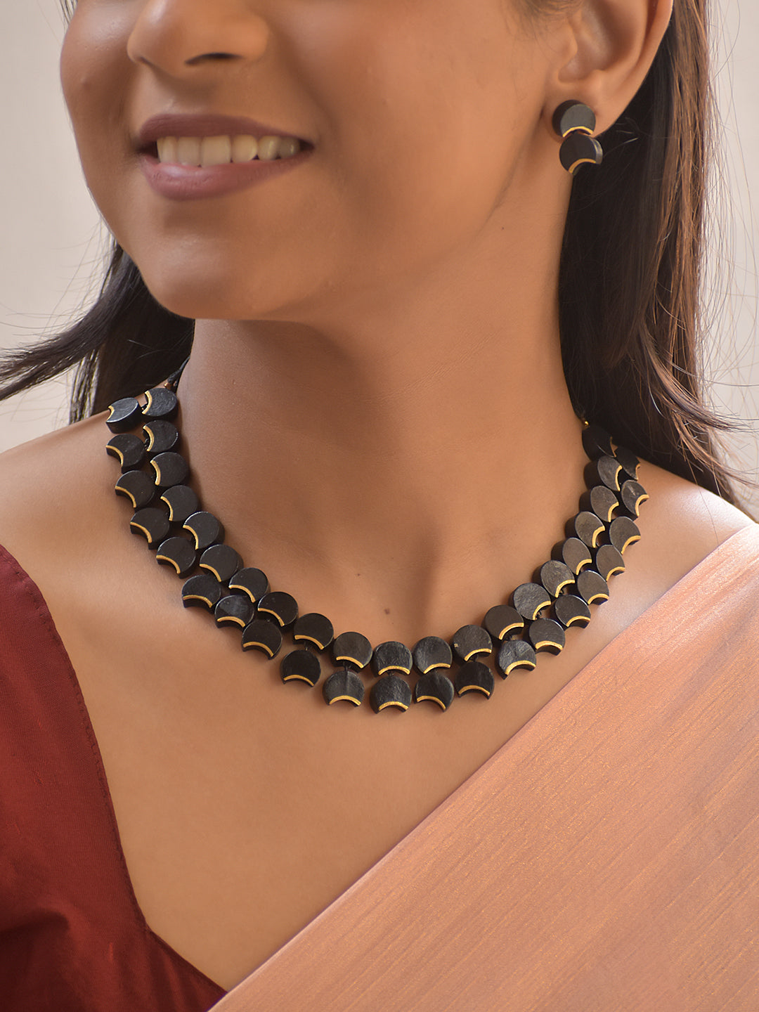 Ardhachandra – Handmade Terracotta Half-Moon Necklace Set in Matte Black and Antique Gold