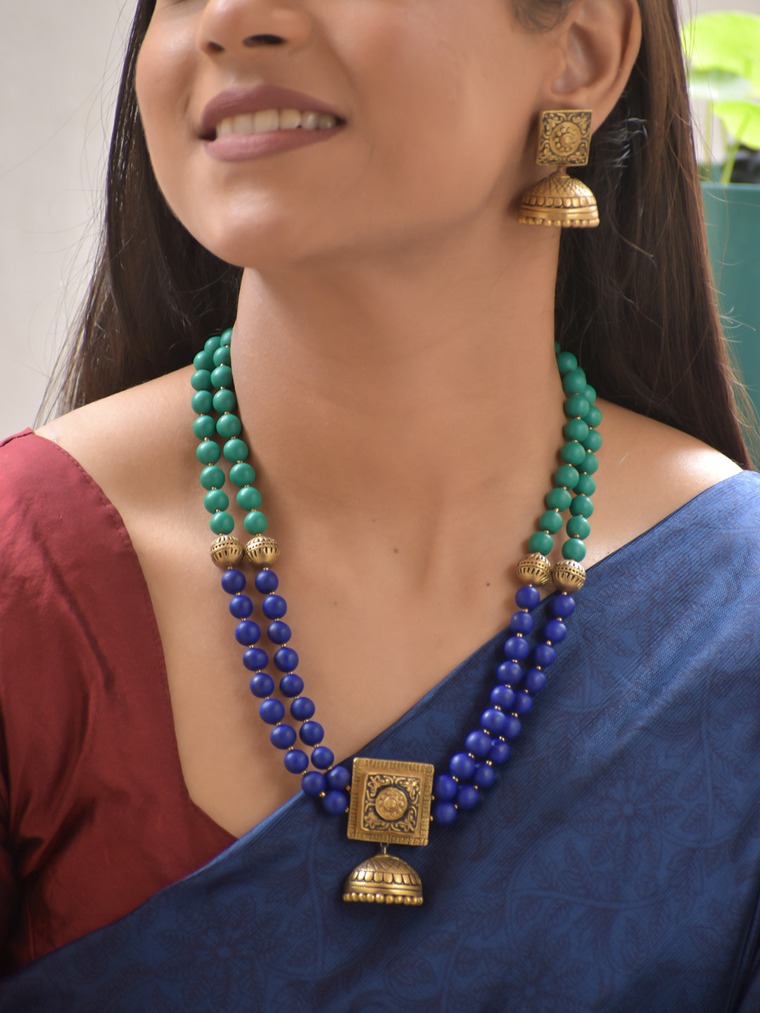 Terracotta Dual-Strand Green & Blue Bead Necklace with Antique Jhumka Pendant