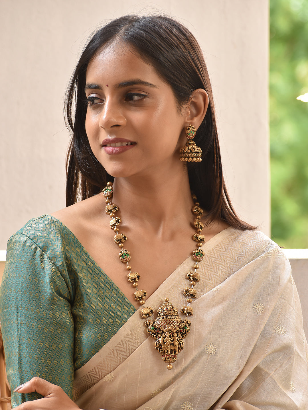 Terracotta Emerald Green Temple Elephant Long Necklace Set