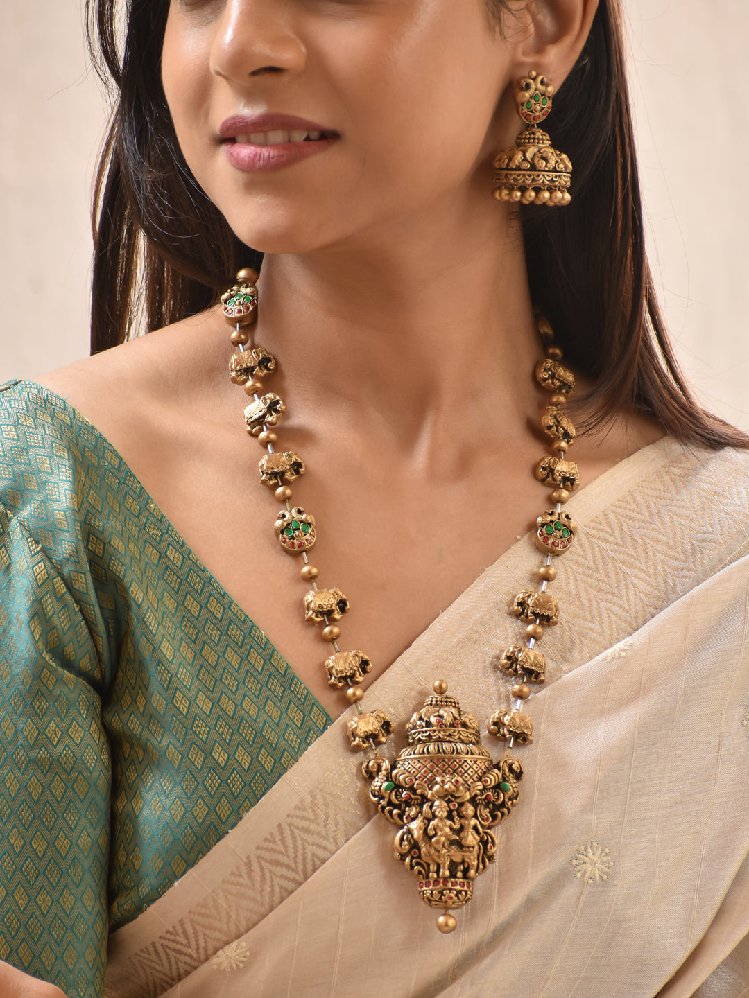 Terracotta Emerald Green Temple Elephant Long Necklace Set