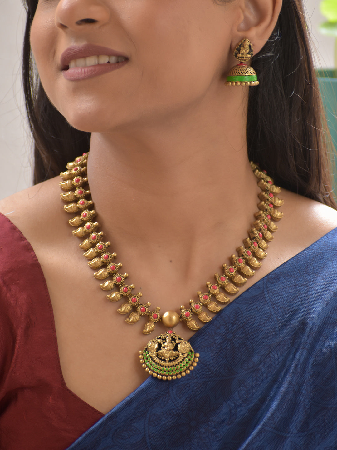 Terracotta Temple Bird Motif Necklace with Goddess Pendant