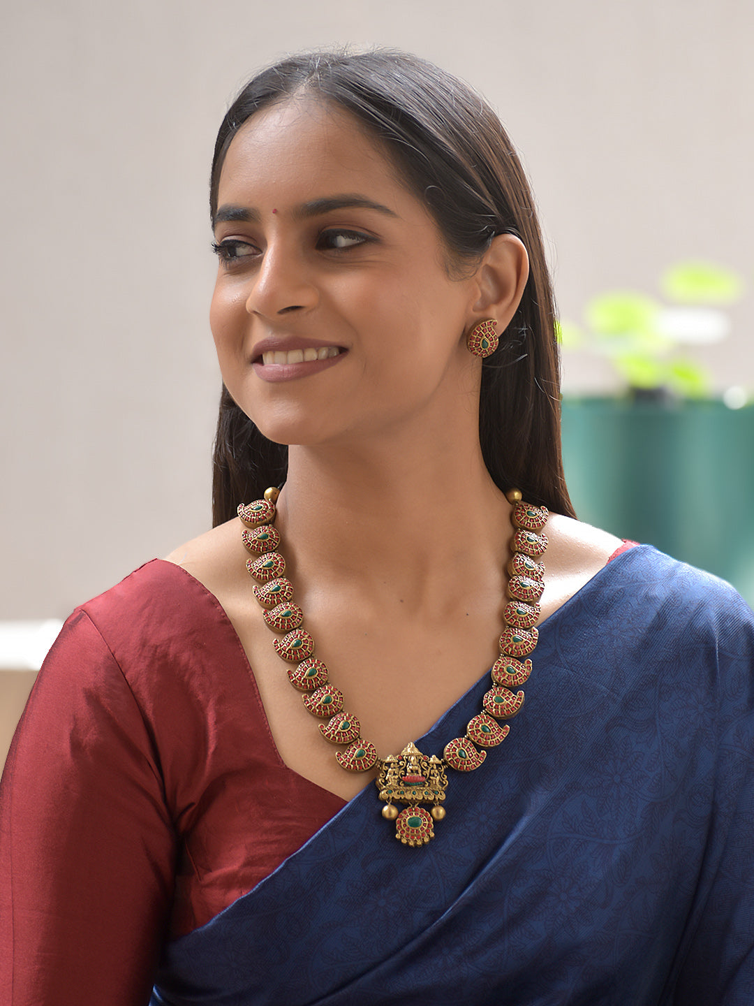 Terracotta Red Paisley Ganesha Necklace with Green Stone Accents