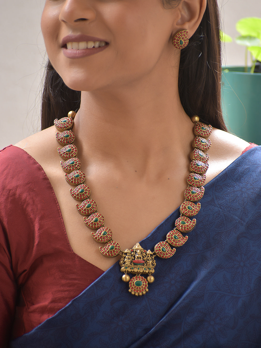 Terracotta Red Paisley Ganesha Necklace with Green Stone Accents