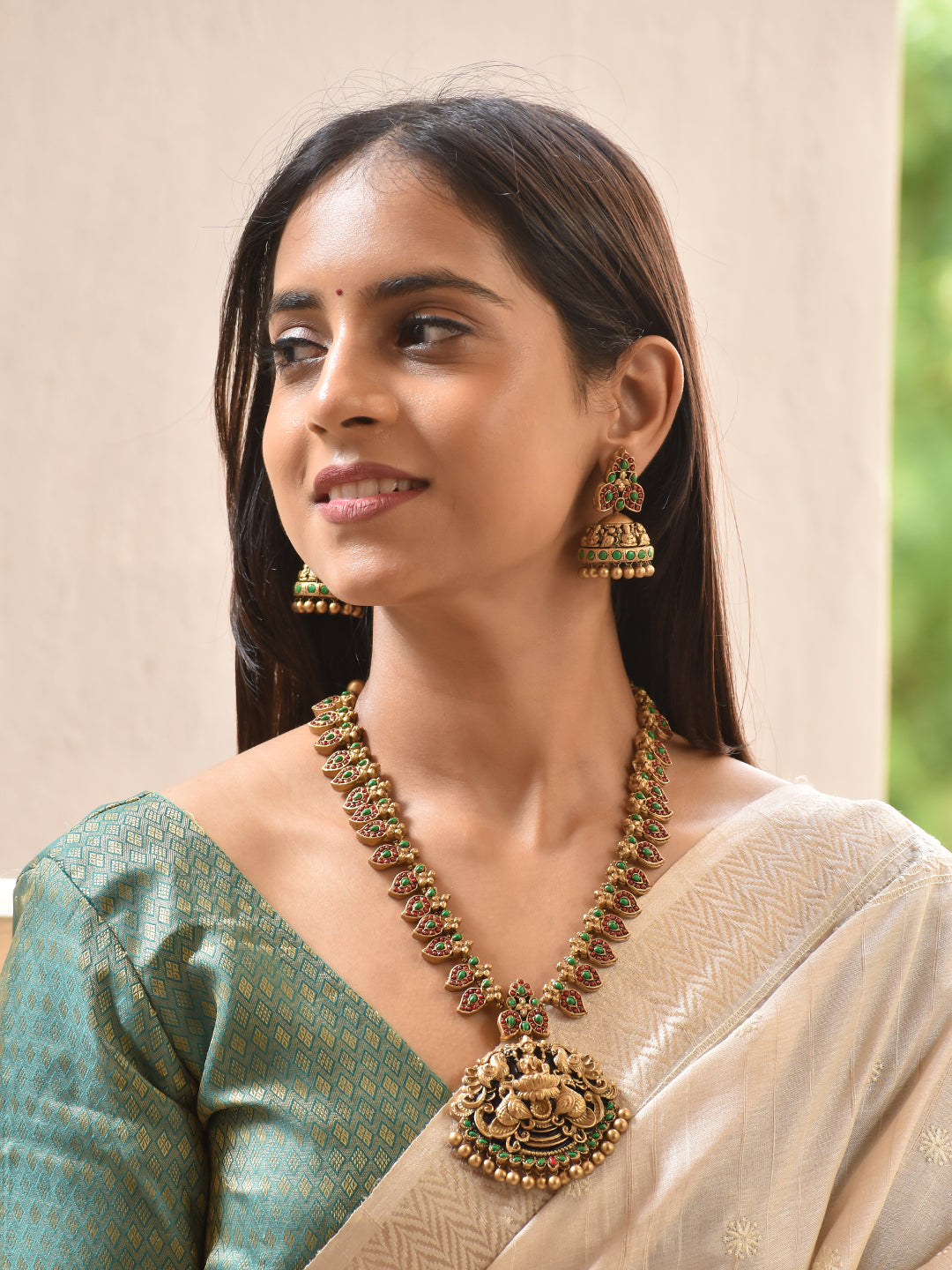 Terracotta Ruby Red & Emerald Green Temple Pendant Necklace Set