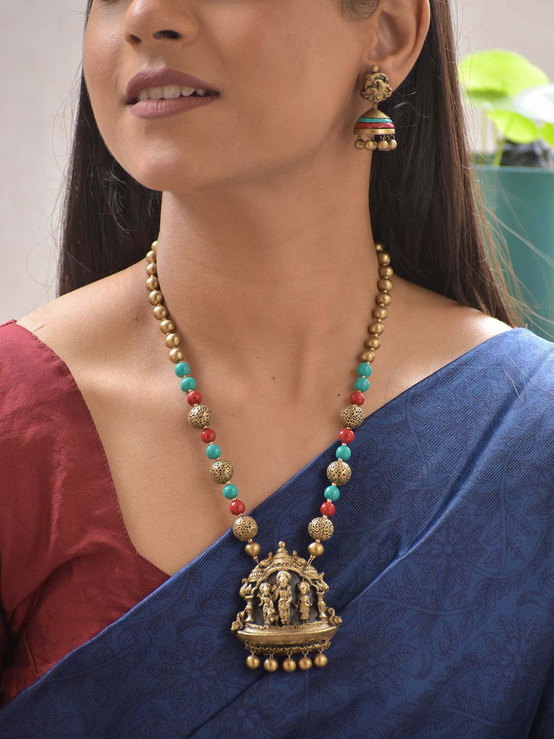 Terracotta Antique Gold Temple Necklace Set with Rama Sita Laxman Pendant & Bead Chain