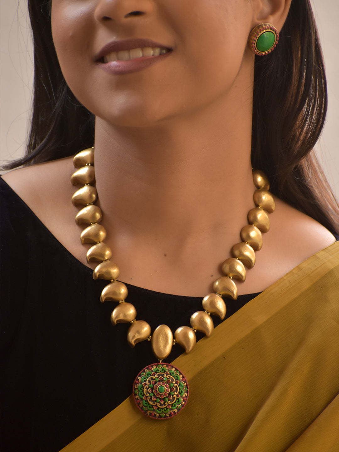 Mandaleeka – Handmade Terracotta Mandala Necklace Set with Antique Gold Beads and Green–Pink Detailing