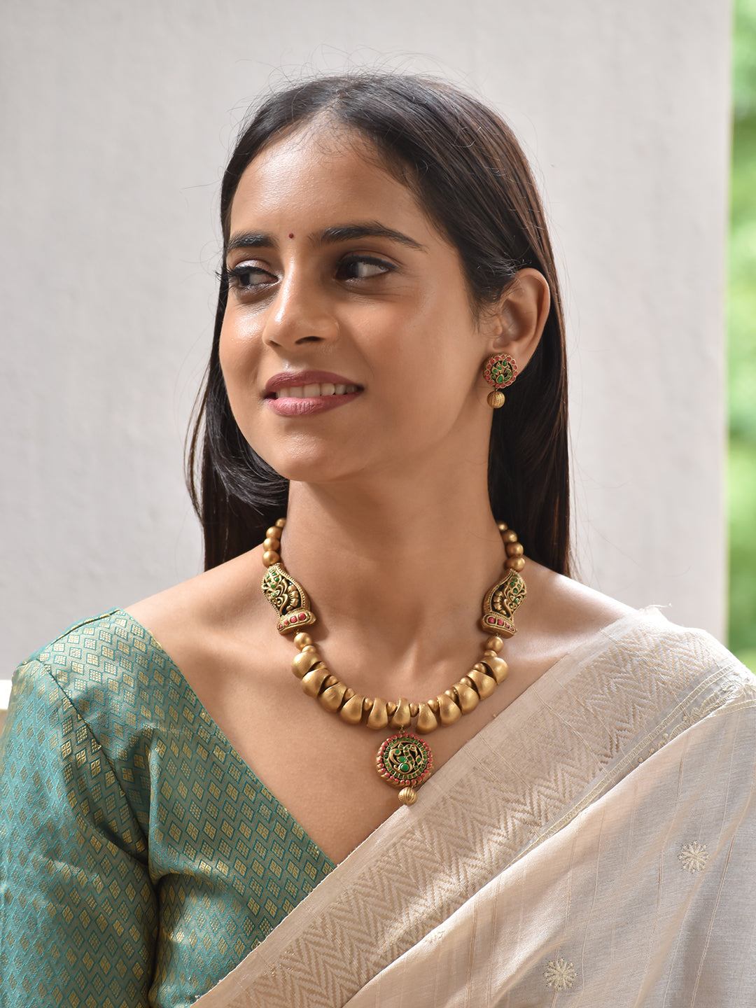 Terracotta Emerald Green Peacock Bead Necklace Set