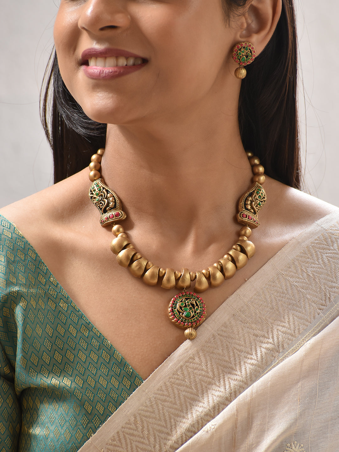 Terracotta Emerald Green Peacock Bead Necklace Set