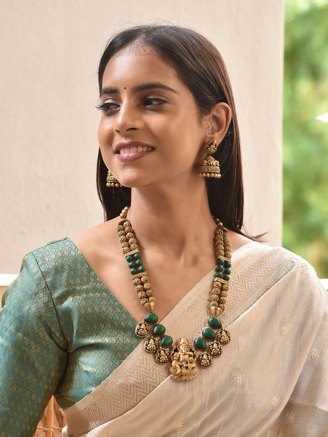 Terracotta Emerald Green Ganesha Necklace Set