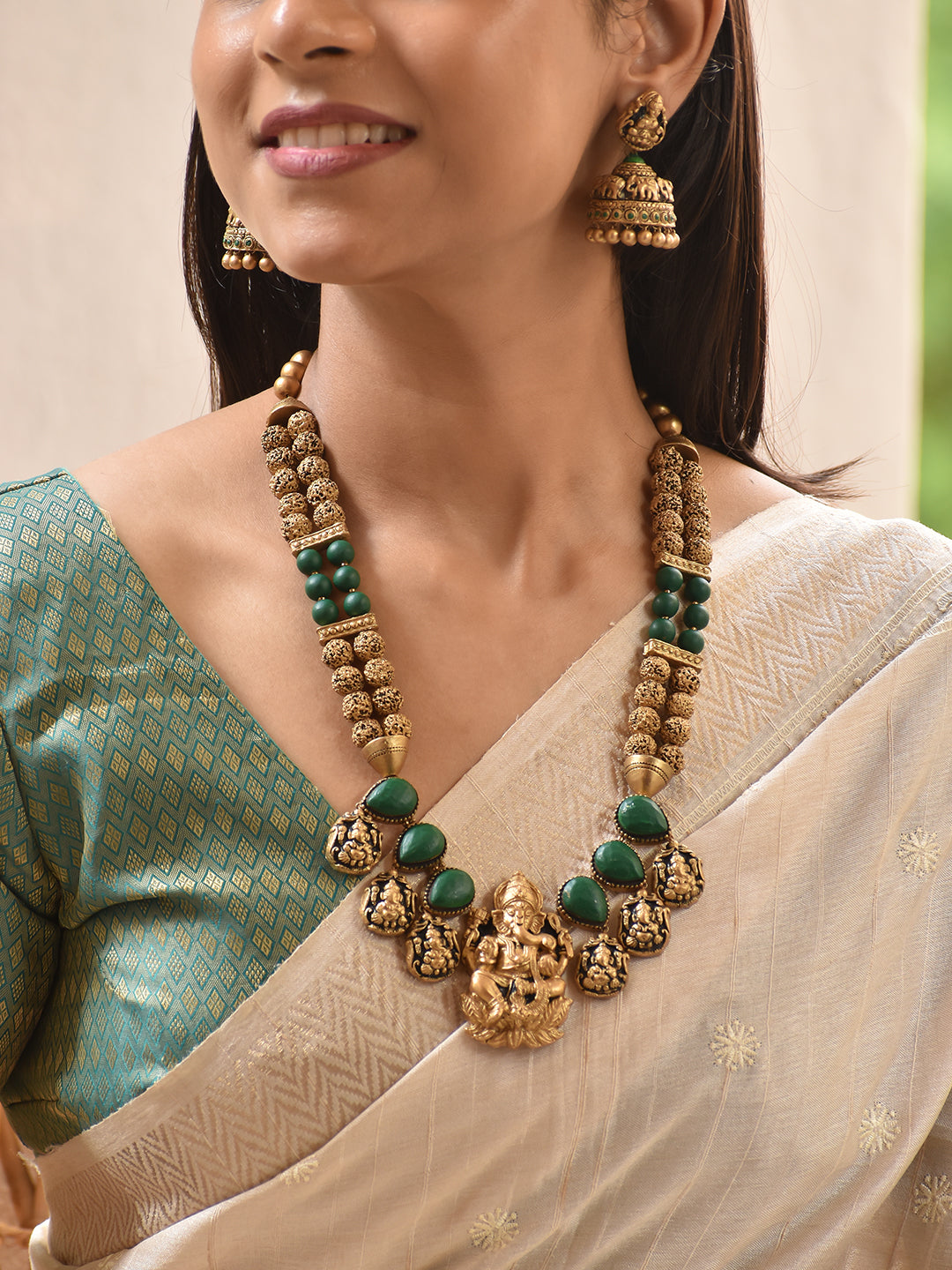 Terracotta Emerald Green Ganesha Necklace Set