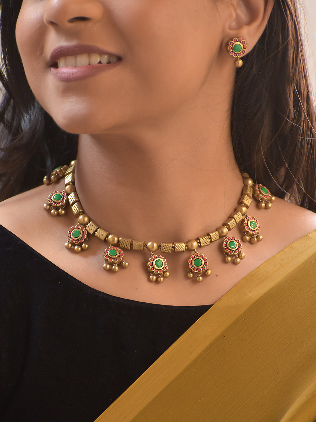 Haripushpa – Handmade Terracotta Floral Necklace Set with Green Center Stones, Pink Petals & Antique Gold Bead Drops