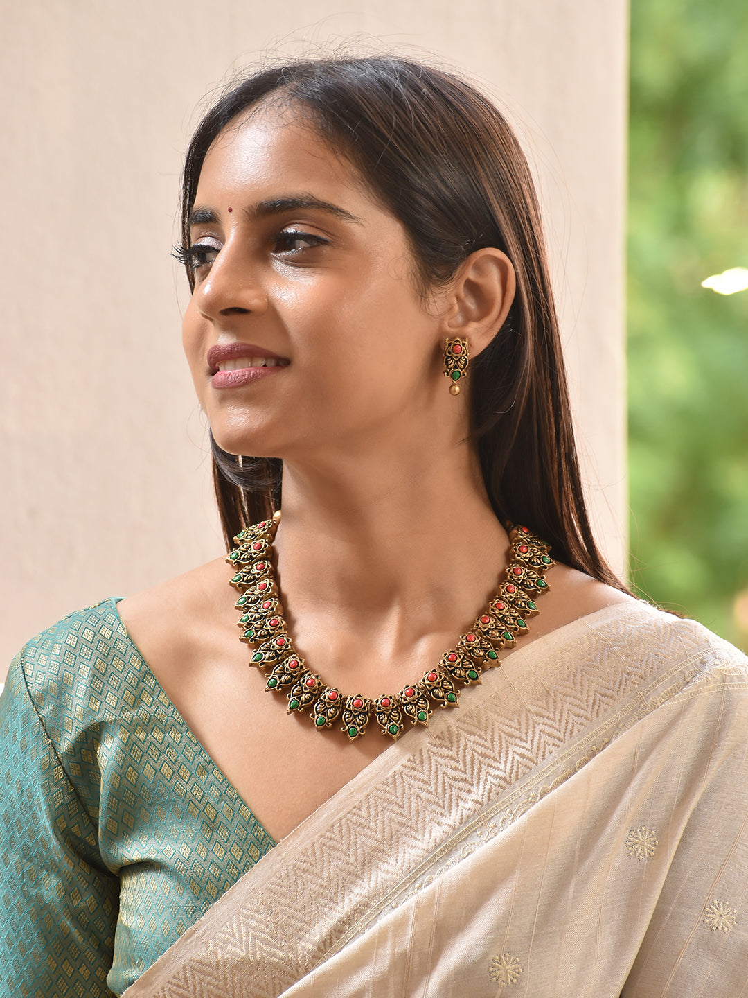 Terracotta Ruby Red & Emerald Green Floral Collar Necklace Set