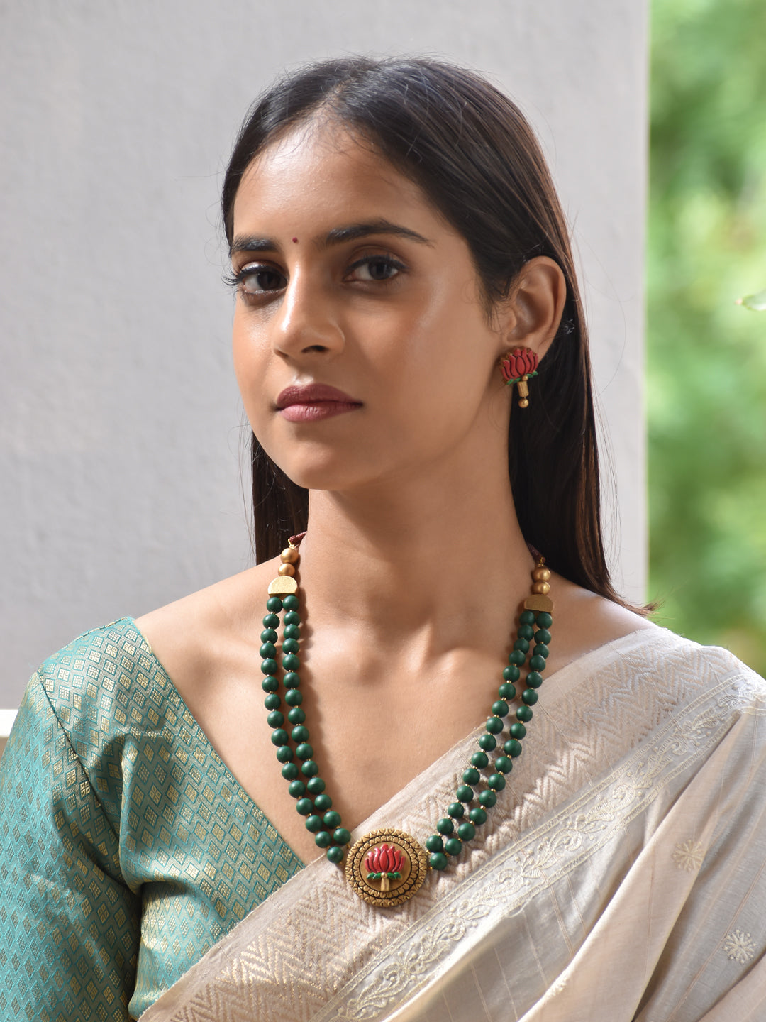 Terracotta Emerald Green Lotus Bead Necklace Set