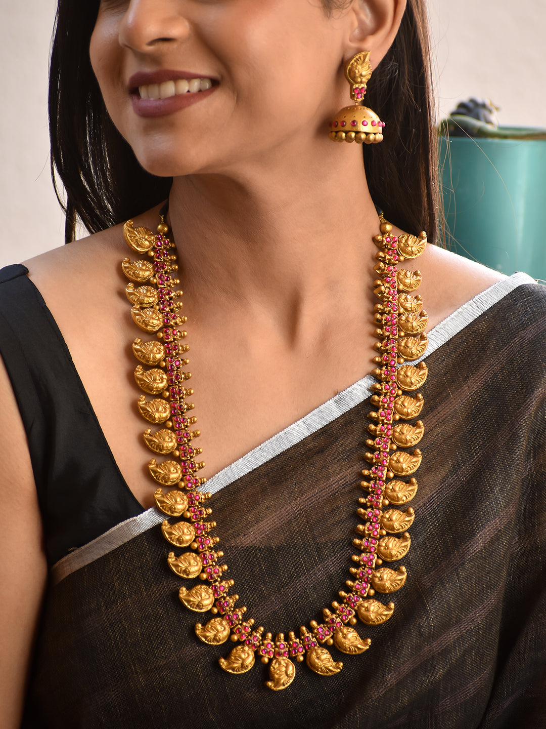 Terracotta Antique Gold Mango Motif Long Haram Necklace with Pink Stone Detailing & Jhumka Earrings