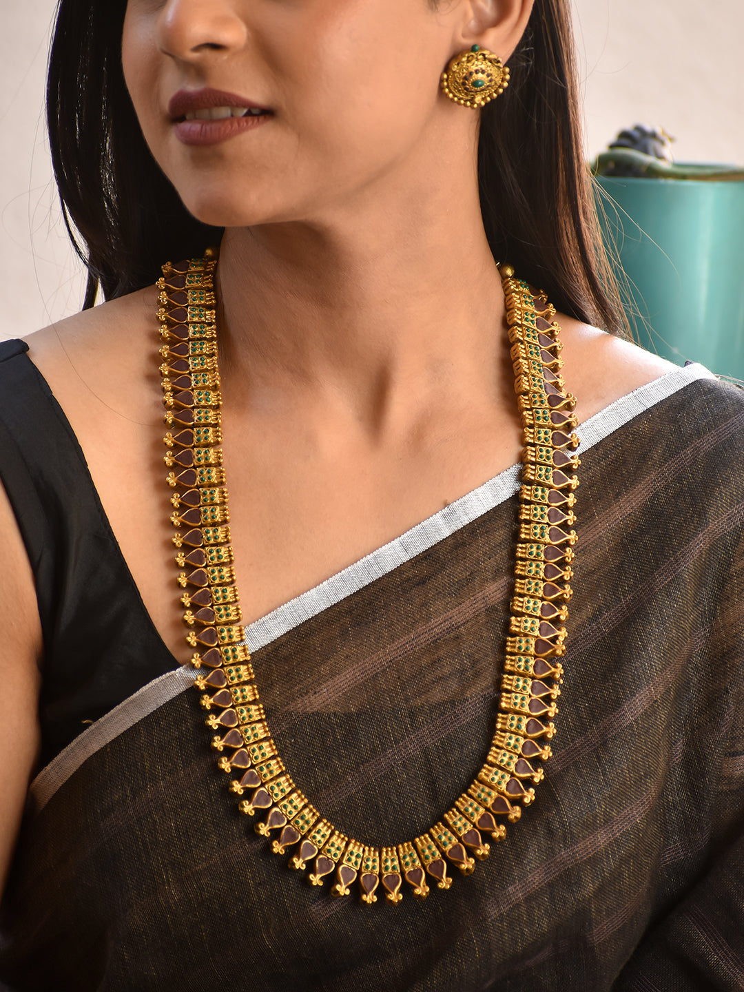 Terracotta Antique Gold Temple Long Necklace with Green Stone Detailing & Oval Stud Earrings