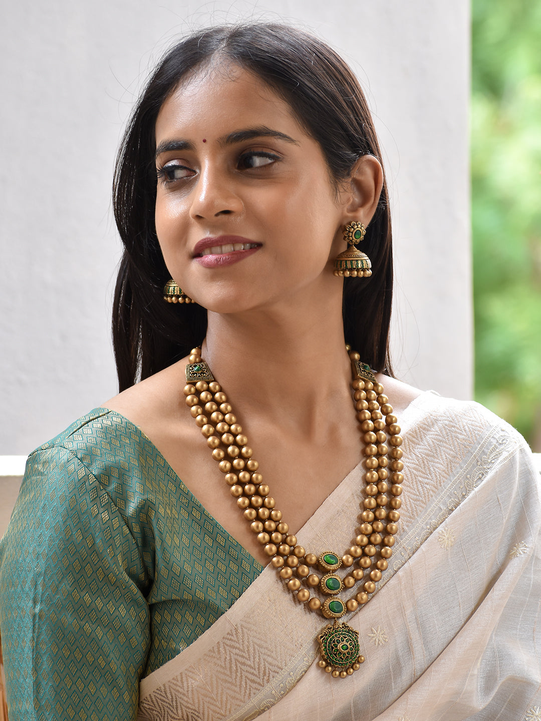 Terracotta Emerald Green Layered Bead Necklace Set