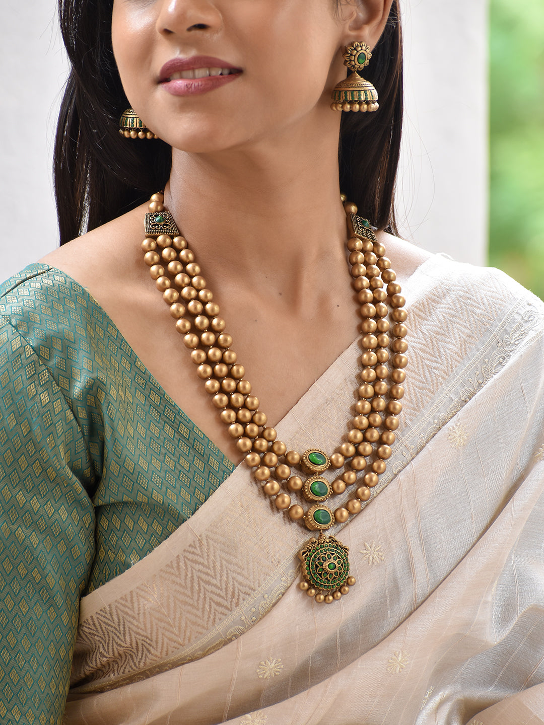 Terracotta Emerald Green Layered Bead Necklace Set