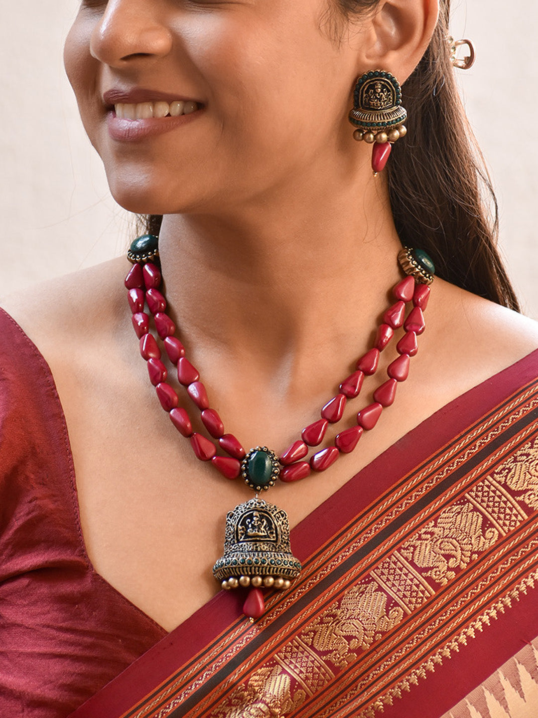 Samaradhana — Lakshmi Design Handmade Terracotta Necklace Set in Purple, Green, and Gold with Crimson Accents
