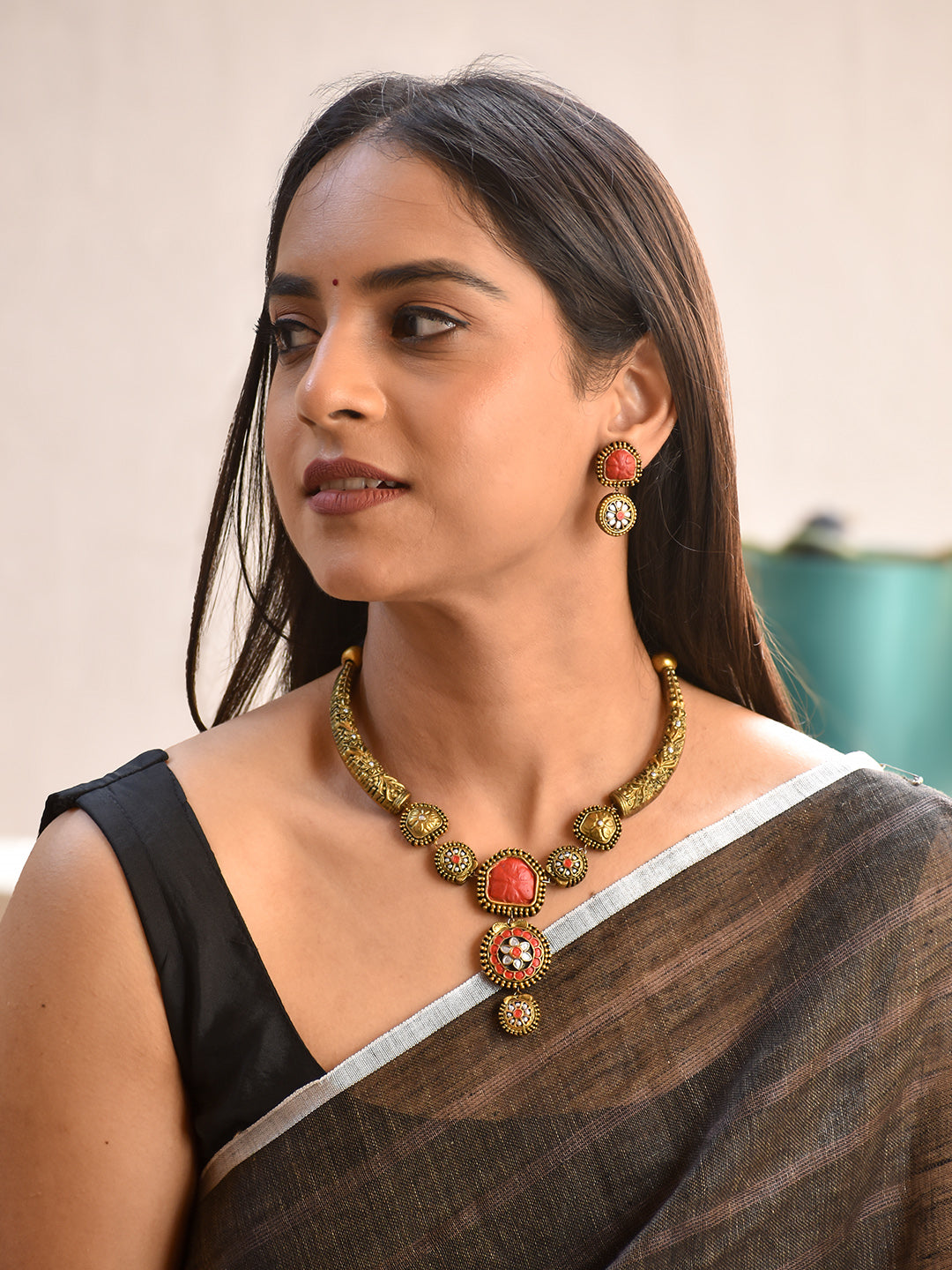 Terracotta Antique Gold Statement Choker with Red Stone Design in Center & Layered Floral Drops