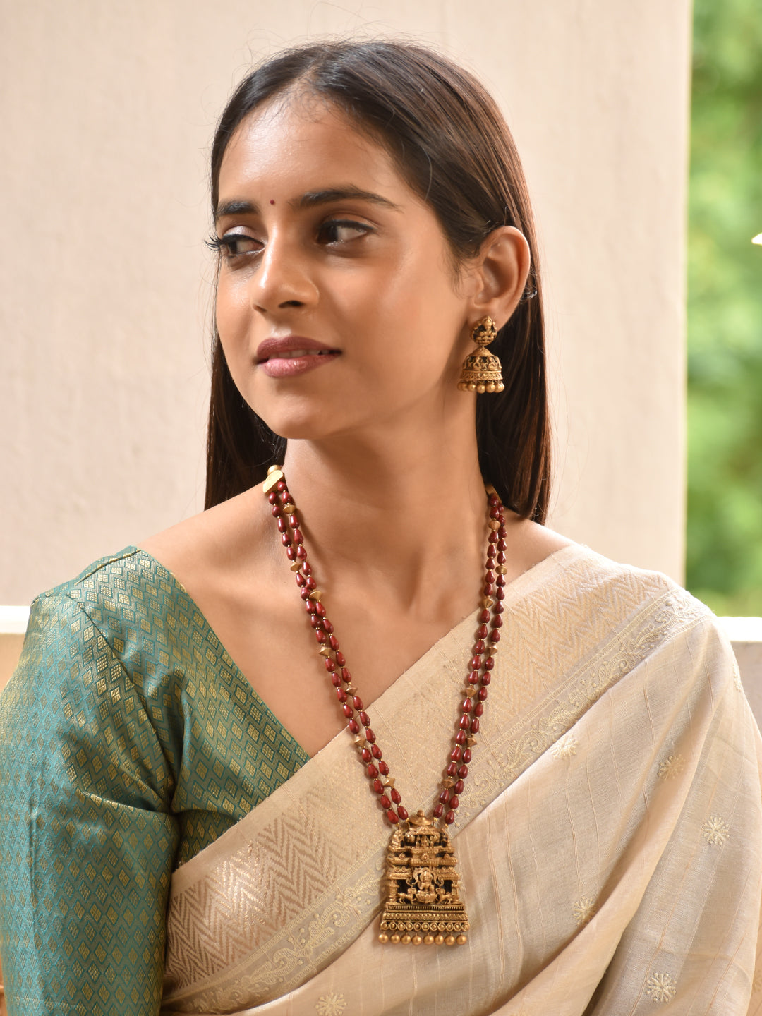 Terracotta Ruby Red & Emerald Green Floral Lakshmi Long Necklace Set