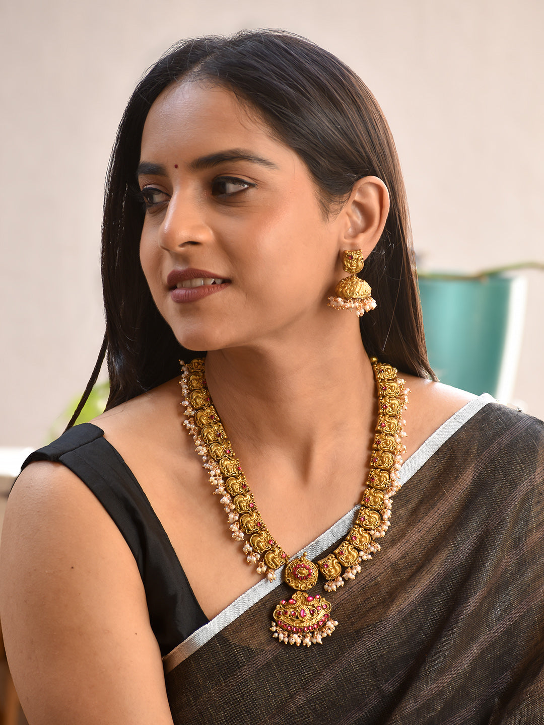 Terracotta Antique Gold Temple Coin Necklace with Pearl Drops & Jhumka Earrings