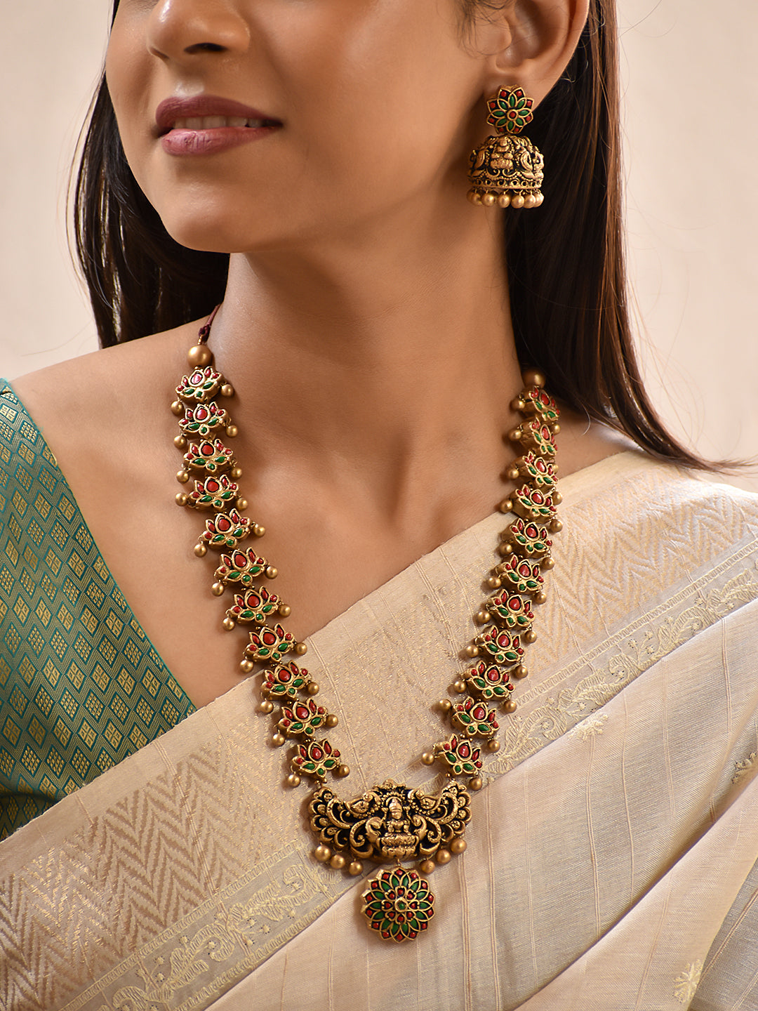 Terracotta Coral Red & Emerald Green Floral Long Necklace Set