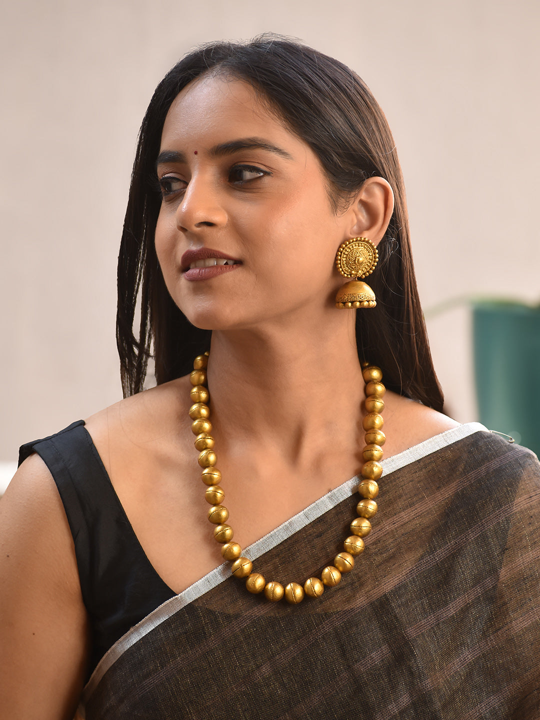 Terracotta Antique Gold Round Bead Necklace with Traditional Jhumka Earrings