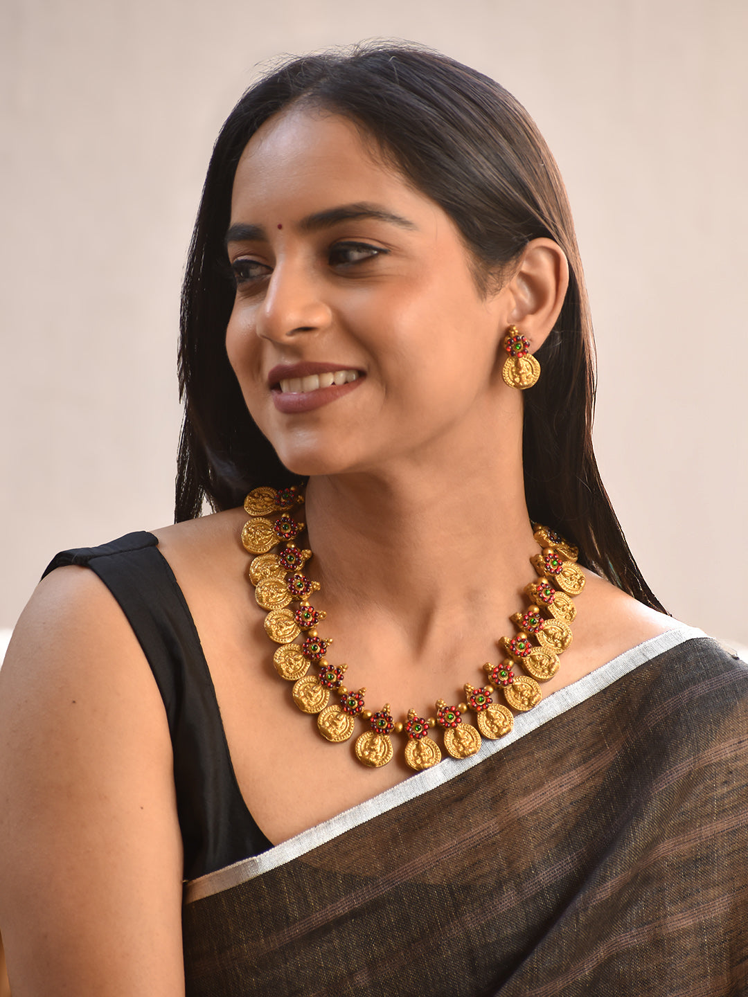 Terracotta Antique Gold Temple Coin Necklace with Multicolor Floral Accents & Drop Earrings