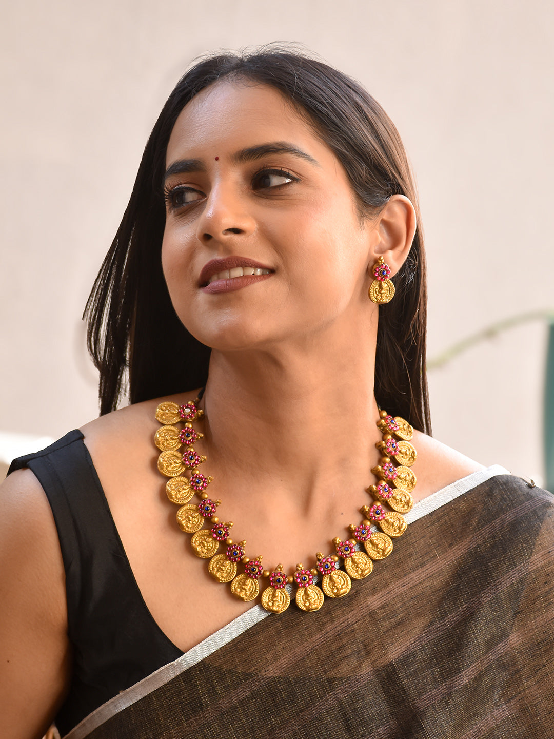 Terracotta Antique Gold Temple Coin Necklace with Pink Floral Connectors & Drop Earrings