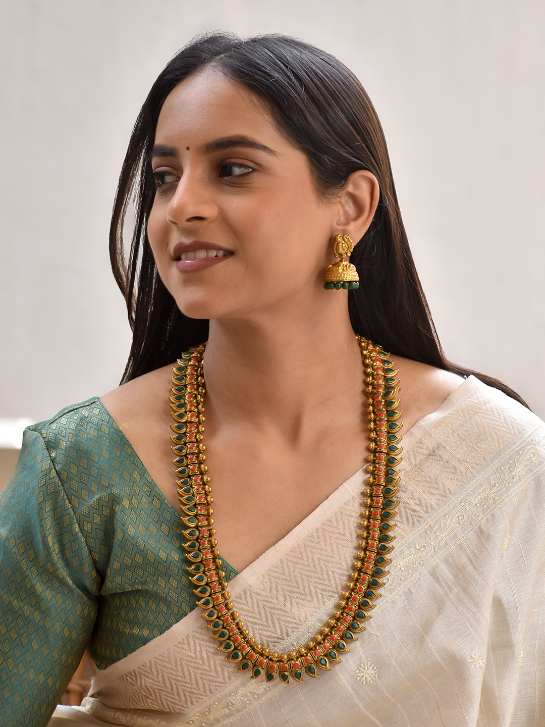 Terracotta Antique Gold Dual-Tone Temple Choker with Black Center Motif & Red Floral Drop