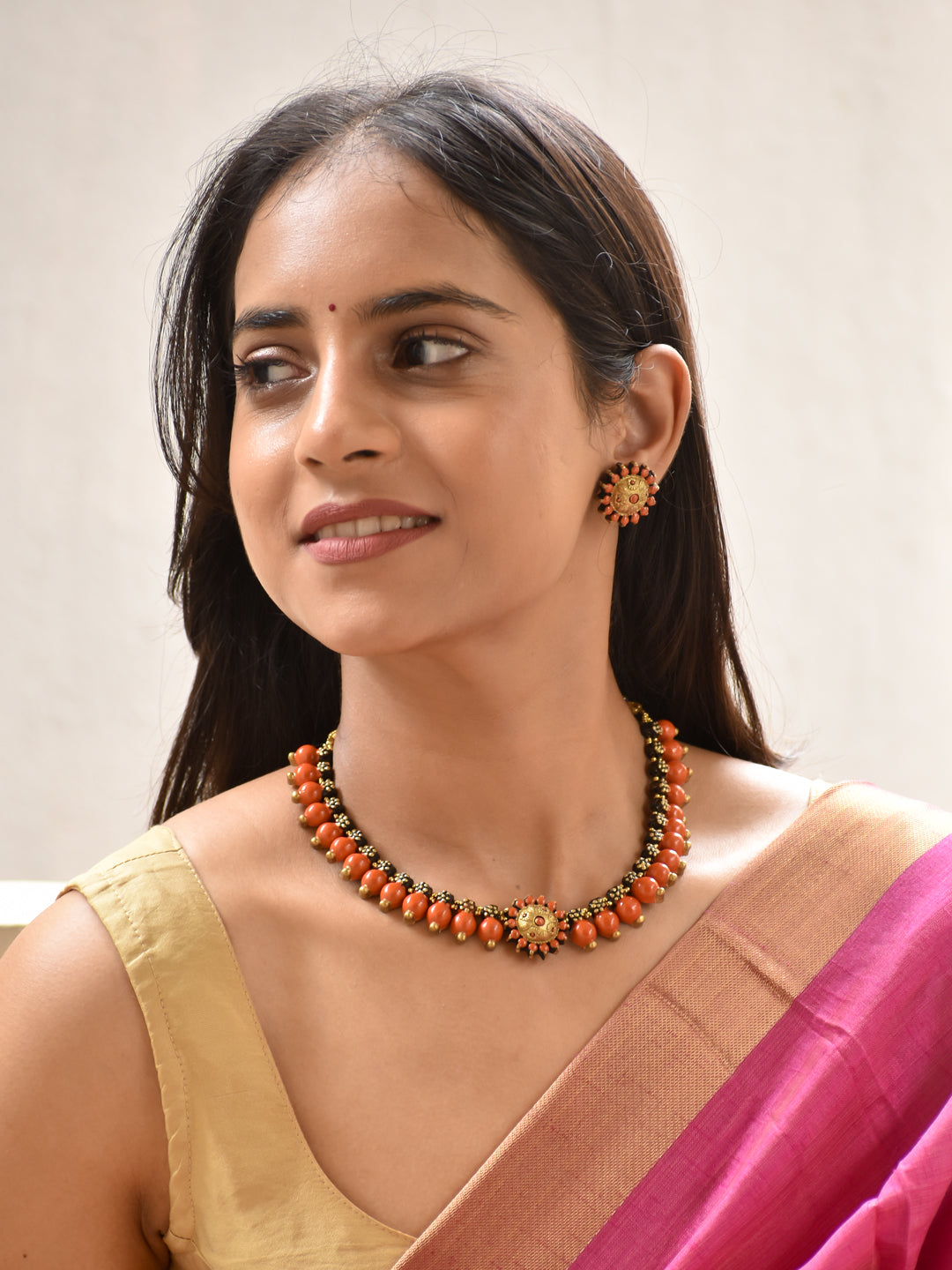 Coral Orange Handmade Terracotta Floral Choker Necklace Set