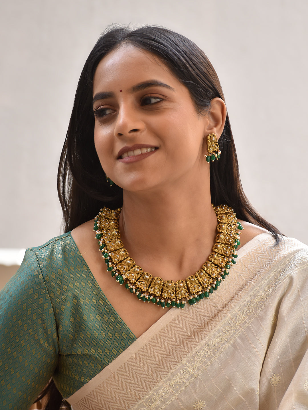 Terracotta Antique Gold Floral Temple Choker with Green Bead Drops & Pearl Accents