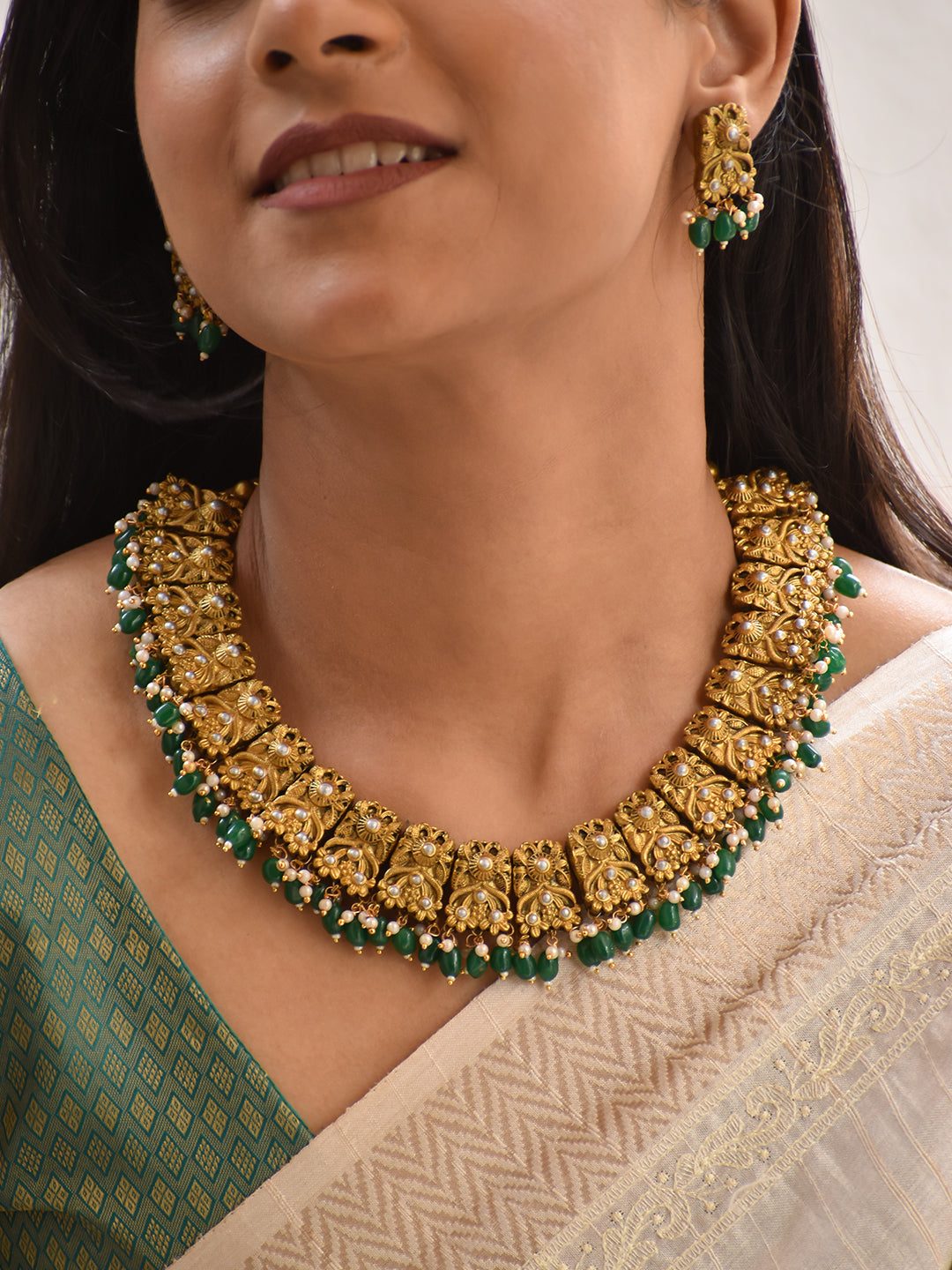 Terracotta Antique Gold Floral Temple Choker with Green Bead Drops & Pearl Accents