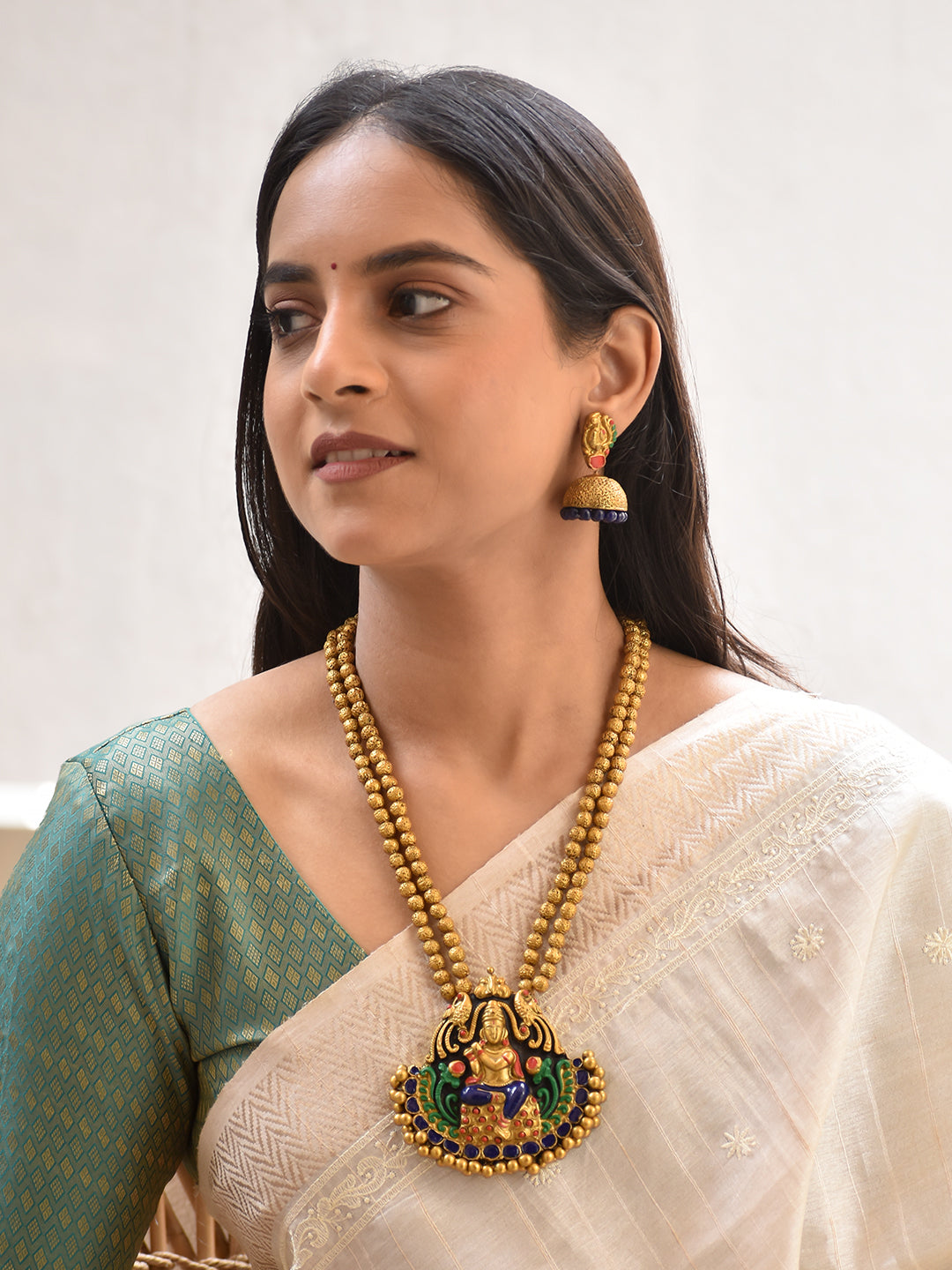 Terracotta Antique Gold Temple Gopalkrishna Pendant Necklace with Double Bead Chain & Jhumka Earrings