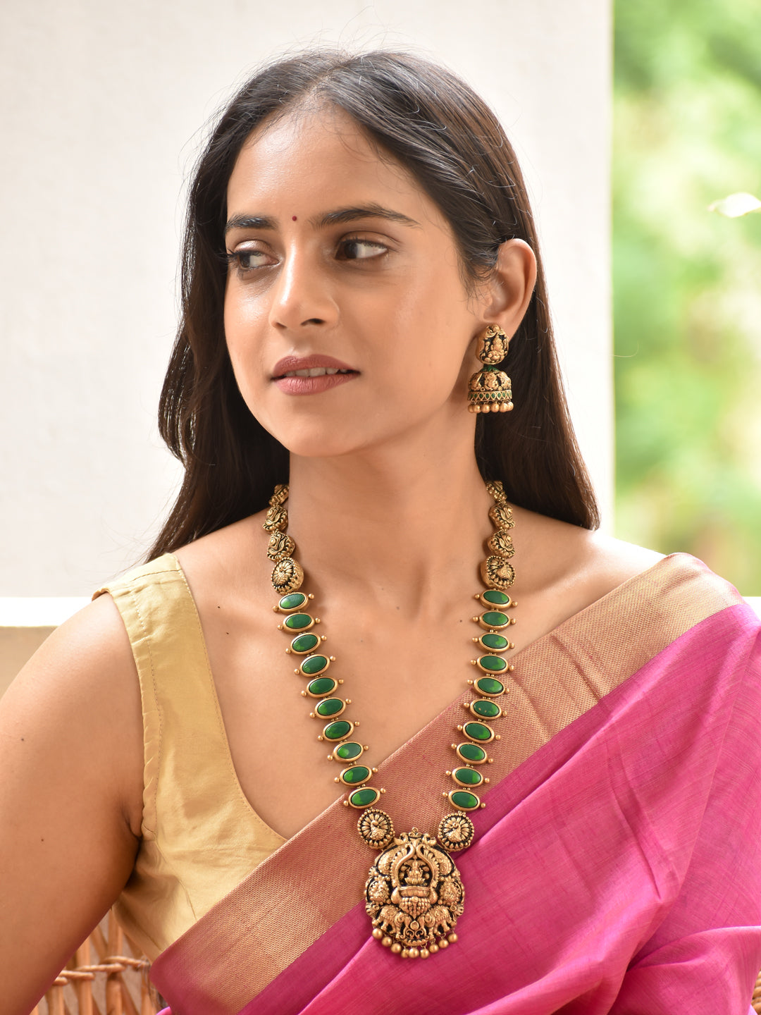 Rashmi - ray of light Lakshmi Temple Pendant Handmade Terracotta Long Necklace Set