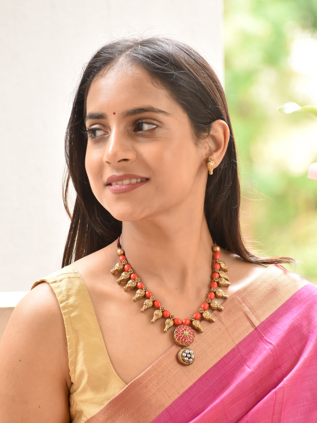 Manya - esteemed Coral Bead Floral Handmade Terracotta Necklace Set