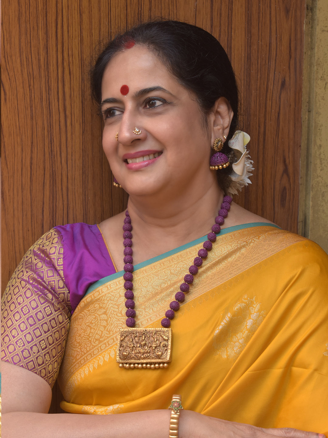 Vishwakanti – Handmade Terracotta Lakshmi Necklace Set with Purple Beads and Antique Gold Temple Pendant