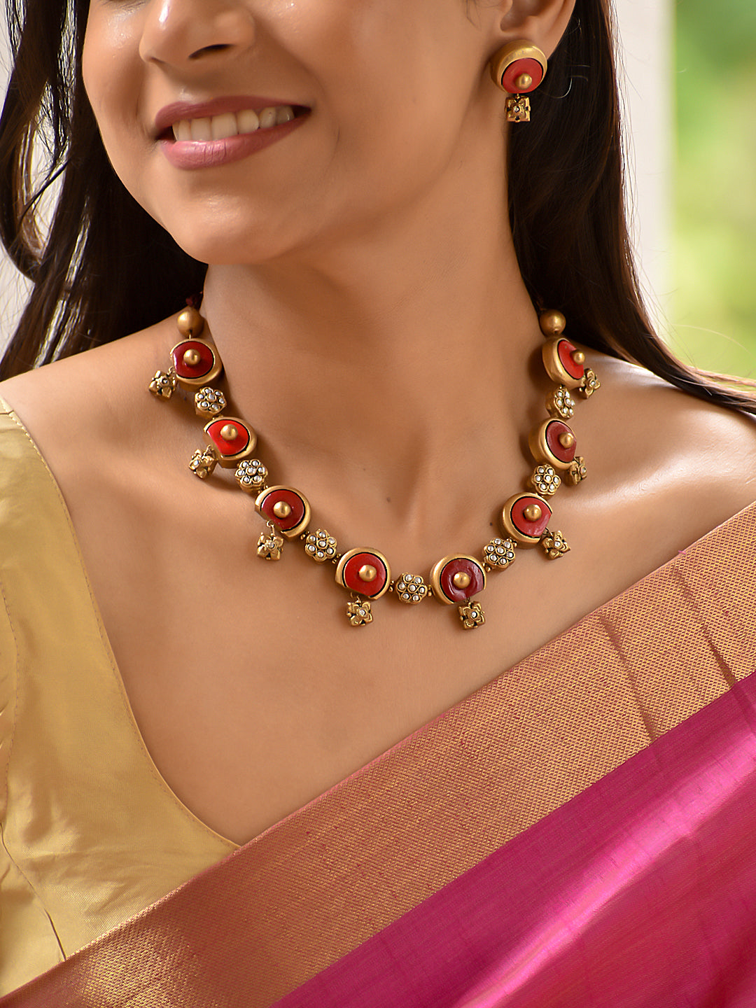 Rajashri - regal grace Sindoor Red Antique Charm Necklace Set