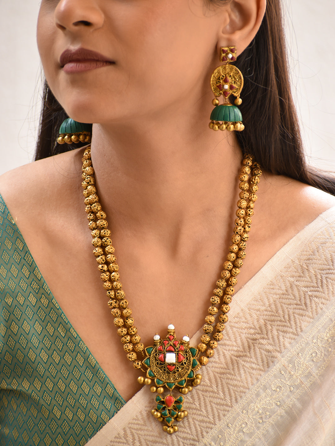 Terracotta Antique Gold Double-Bead Necklace with Floral Pendant & Green Jhumka Earrings