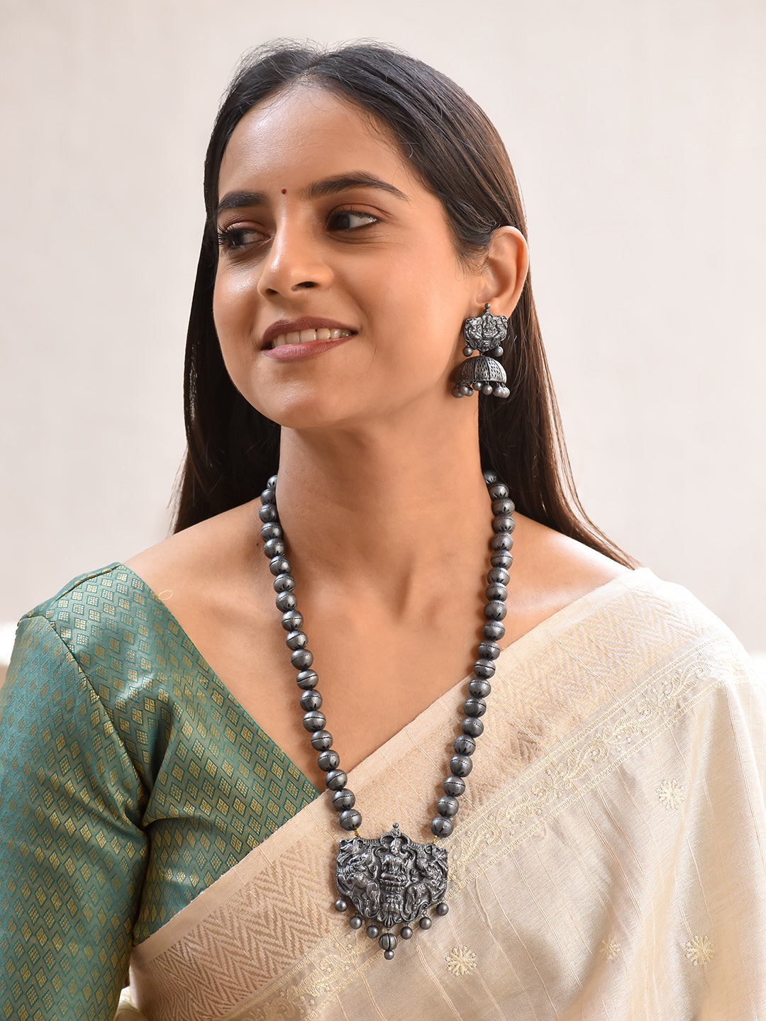 Terracotta Oxidized Silver Bead Necklace with Temple Goddess Pendant